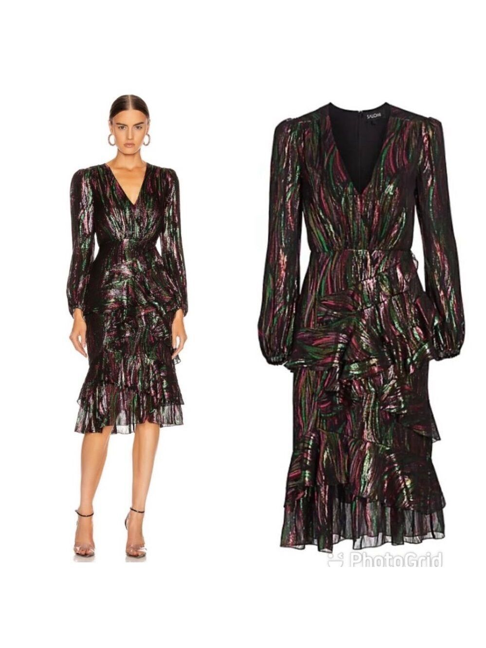 NEW Saloni Alya Black Rainbow Oilspill Silk Metallic Midi Dress Size 4